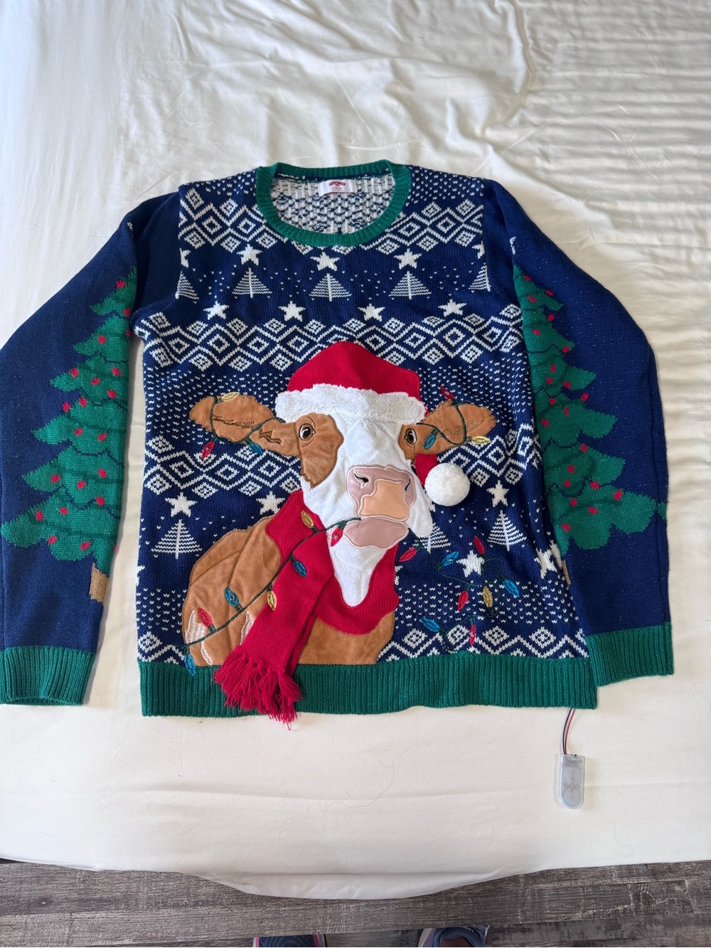 Holiday Time Navy Christmas Cow Light-Up Sweater with Green Trim and Red Scarf